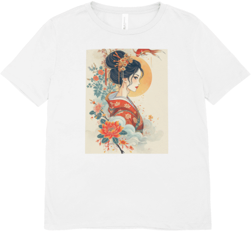 T-shirt femme blanc geisha avec kimono rouge fleuri