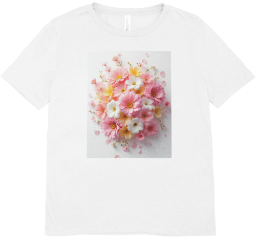 T-shirt femme blanc bouquet de fleurs rose et jaune