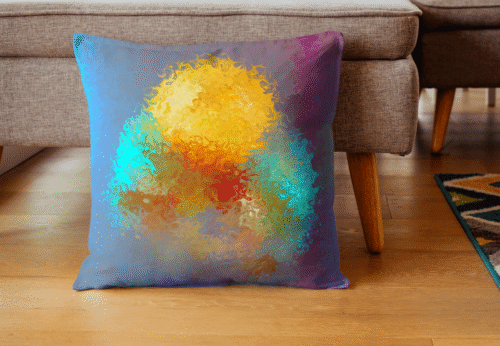 coussin art abstrait jaune et bleu