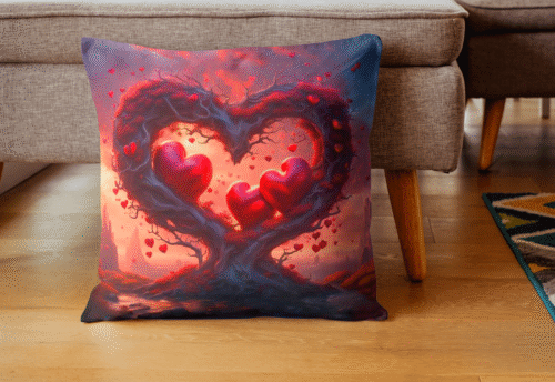 coussin racine d'arbre en forme de coeur avec des coeurs au centre