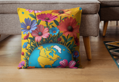 coussin terre fleurie colorée et original