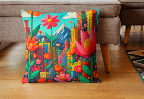coussin ville en fleurs coloré et moderne