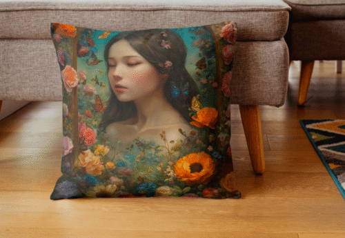 coussin portrait jeune fille avec papillon - cadre entouré de fleurs