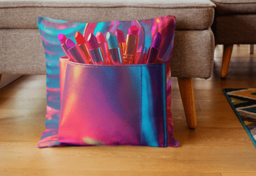 coussin sac holographique rose avec rouges à lèvres colorés