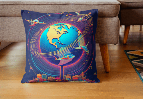 coussin globe terrestre avec avions autour - ambiance espace nuit