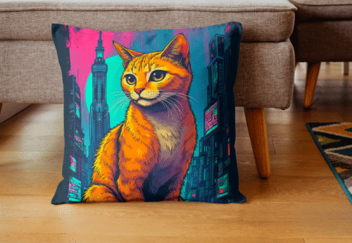 coussin chat dans la ville pop art