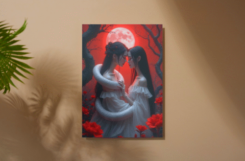 décoration jeune fille avec une princesse et un serpent - ambiance nuit pleine lune rouge
