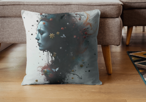 Coussin portrait de femme surréaliste avec fleurs poétique