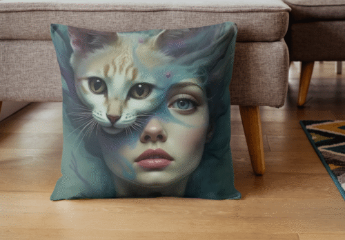 Coussin visage félin et féminin mystique